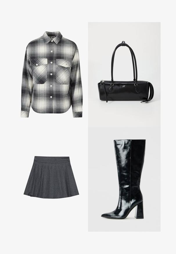 Burgunderfarbene, kurz geschnittene Lederjacke mit kragenförmigem Ausschnitt, zwei Seitentaschen und einer glatten, glänzenden Textur. Mit elastischem Saum an der Taille.; Karierte Flanellhemd in Schwarz, Weiß und Grau. Mit Knopfverschluss, zwei Brusttaschen und langen Ärmeln mit geknöpften Manschetten.; Grau gestreifter Skaterrock mit einem taillierten Bund, ausgestellter A-Linie und weichem Stoffmaterial. Vertikale Linien erhöhen das visuelle Interesse.; Schwarze kniehohe Stiefel aus glänzendem Leder, mit spitzem Zehen und einem klobigen, geometrischen Absatz mit glatter Textur.; Schwarze Ledertasche mit rechteckiger Form, glatter Textur, zwei Griffen, Reißverschluss und einem kleinen Logo auf der Vorderseite.; Goldfarbene Metallohrringe in einer glatten, abgerundeten dreieckigen Form mit Steckverschluss; reflektierende Oberfläche mit minimaler Detailarbeit.