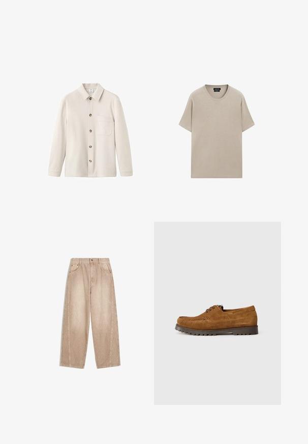 Helles beigefarbenes Hemd mit klassischem Kragen, fünf Knöpfen an der Vorderseite und einer Brusttasche; gefertigt aus weichem, strukturiertem Stoff.; Beige Baumwoll-T-Shirt mit rundem Halsausschnitt, kurzen Ärmeln und lockerer Passform. Glatte Textur mit schlichtem Design, keine sichtbaren Muster oder Akzente.; Beige corduroy-Hosen mit weitem Bein und vertikalen Rippen, ausgestattet mit Fronttaschen, Gürtelschlaufen und einem Reißverschluss mit Knopfverschluss.; Braune Wildleder-Schnürschuhe mit dickem schwarzem strukturiertem Absatz, sichtbaren Nähten und klassischem Mokassin-Design auf weißem Hintergrund.