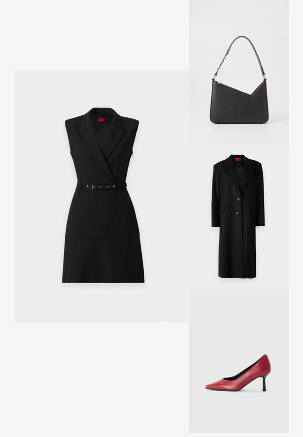 Melna gara mēteli ar pielāgotu siluetu, ar šķērsām atlokiem, divām priekšējām kabatām un vienu pogu aizdari. Iekšpusei ir rakstaina oderējuma.; Melnā pielāgotā kleita ar bezpiedurkņu dizainu, ar iegriezumiem pie apkakles, jostu vidukļa daļā un gludu tekstūru. Iezīmē pieguļošu siluetu un izplestu apakšmalu.; Sarkana ādas augstpapēžu kurpe ar pīrāga formas purngalu un plānu melnu papēdi. Gluda tekstūra ar elegantu siluetu.; Melnas ādas rokassomiņa ar trīsstūra formu, šaura siksna un sudraba aksesuāri. Izstrādājumam ir rāvējslēdzēja aizdare un reljefs logotips priekšpusē.
