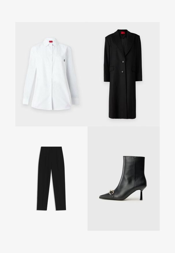 Sort lang frakke med skræddersyet silhuet, notch-lapel, to forlommer og enkelt knaplukning. Indersiden har et mønstret foer.; Hvid langærmet skjorte med blå lodrette striber, spids krave, forlommer og et lille broderet logo på brystet.; Sorte bukser med lige pasform, der har dobbelte folder, en glat tekstur og et klassisk taljedesign. Ingen synlige hardware eller accenter.; Sort læder ankelstøvle med spidse tæer, slank hæl i mellemhøjde og sølvspænde detaljer på siden mod en ensfarvet baggrund.