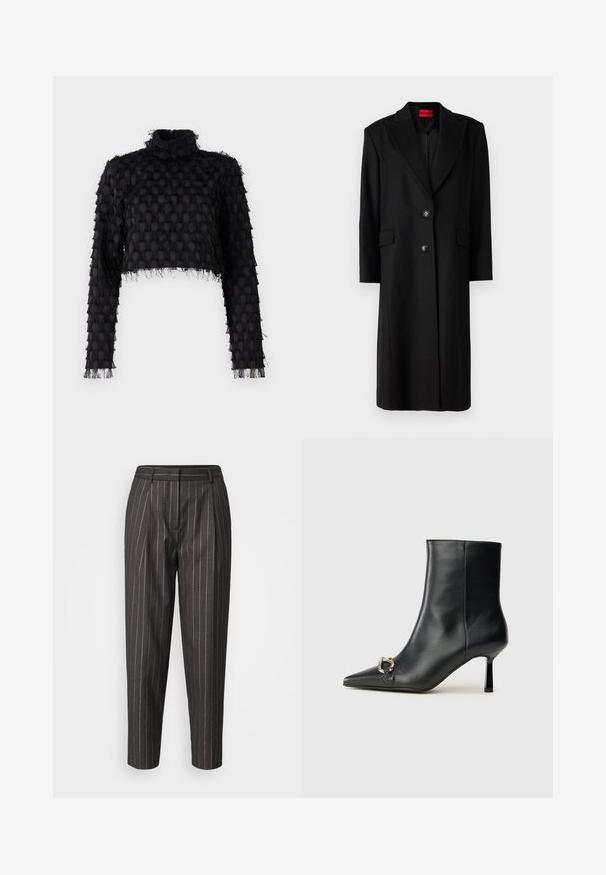 Černý dlouhý kabát s upravenou siluetou, klopovými límci, dvěma předními kapsami a zapínáním na jeden knoflík. Interiér má vzorovanou podšívku.; Černý zkrácený top s vysokým límcem, texturovaným vzorem a dlouhými rukávy se třepícími detaily podél okrajů.; Tmavě šedé kalhoty s vertikálními bílými proužky, sklady vpředu a zúženými nohavicemi. Vyrobeno z hladké látky s poutky na opasek.; Černá kožená kotníková bota s špičatou špičkou, úzkým středně vysokým podpatkem a stříbrnou sponou na straně, na jednobarevném pozadí.