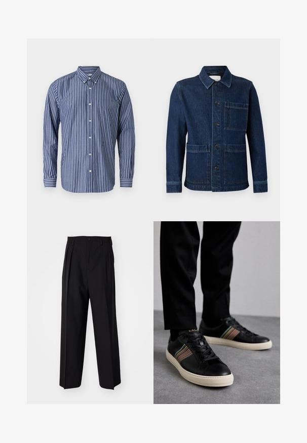 CLOSED ATELIER JACKET - Farmerdzseki - mid blue; Kék és fehér csíkos gombos ing, galléros nyakkal, hosszú ujjal, zsebbel és fehér gombokkal.; Fekete, pliszírozott nadrág, egyenes, széles lábakkal. Sima anyagból készült, gombos záródással és övhurkokkal rendelkezik.; Fekete bőr sportcipők színes csíkozással, kerek orral és fehér gumitalppal, fűzős kialakítással és dombornyomott logóval.