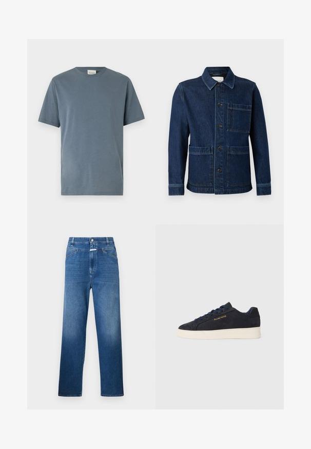 CLOSED ATELIER JACKET - Cowboyjakker - mid blue; Kortærmet T-shirt i blødt, medium blåt bomuld. Har en klassisk rund halsudskæring, lige snit og minimale syningsdetaljer.; Blå denimjeans med lige ben, der har en knaplukning, bæltestropper og let falmning på lårene.; Mørkeblå ruskinds lavtop sneaker med hvid sål, mørkeblå snørebånd og "Filling Pieces" logo i guld på siden.