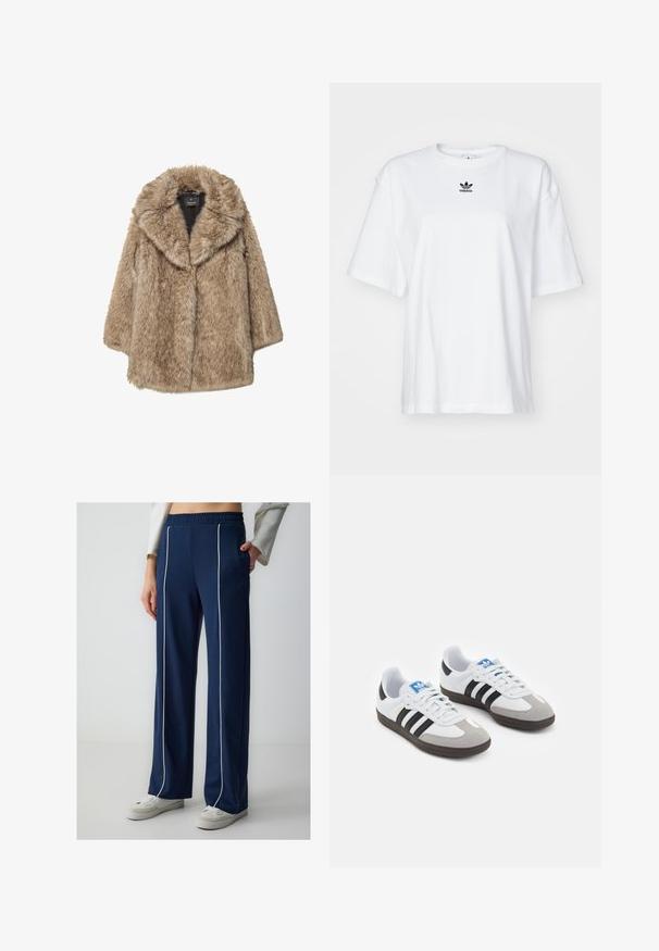 Hellbrauner Kunstpelzmantel mit breitem Reverskragen, langen Ärmeln und lockerer Passform, vor einem weißen Hintergrund präsentiert.; Weißes T-Shirt mit kurzen Ärmeln aus Baumwolle. Verfügt über einen Rundhalsausschnitt und ein kleines schwarzes Adidas-Logo auf der Brust. Gerader Saum.; Marineblaue Jogginghose mit entspannter Passform, weißen Seiteneinsätzen, elastischem Bund, weicher Textur und kombiniert mit weißen Sneakers.; Sportschuhe mit einem Obermaterial aus weißem Leder, grauer Wildleder-Zehenkappe und drei schwarzen Streifen. Sie verfügen über ein blaues Logo auf der Zunge und eine strukturierte Gummisohle.