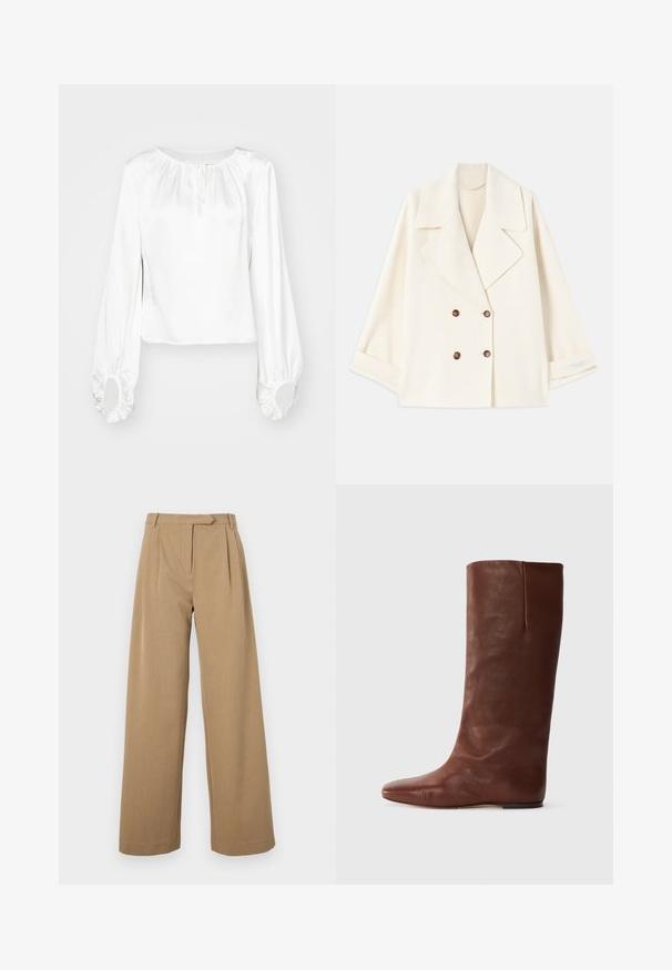 Palton scurt, de culoare crem, cu două rânduri de nasturi și rever larg, expus plat, cu mânecile ușor pliate.; Bluză albă cu mâneci lungi dintr-un material neted, având un guler strâns, detaliu cu șnur și manșete elastice cu deschideri rotunde.; Pantaloni largi de culoare bej deschis, realizați dintr-un material texturat. Prezintă pliseuri frontale și o talie ajustată. Design simplu, fără accesorii vizibile.; Botină din piele maro, până la genunchi, cu vârf ascuțit și design minimalist; textură netedă, fără accesorii sau ornamente vizibile.