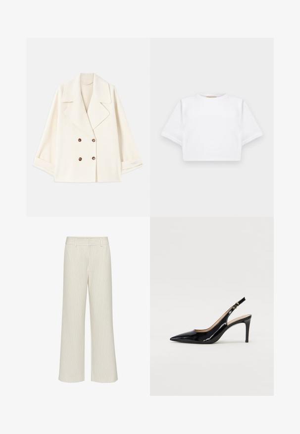Krém színű, rövidített, dupla soros kabát széles hajtókákkal és barna gombokkal, laposan elrendezve, enyhén hajtott ujjakkal.; Rövid ujjú, puha anyagból készült, vágott fehér póló, kör alakú nyakkivágással és bordázott alsó résszel. Egyszerű és díszítetlen kialakítás.; Creme színű, finom függőleges csíkos, bőszárú nadrágok lapos derékkal és övhurkokkal. Sima textúra, zsebek nélkül.; Fekete lakk bőr kötött magassarkú cipő, hegyes orral és karcsú sarokkal, finom kivágásos dizájnnal. Az övön arany csatt található.