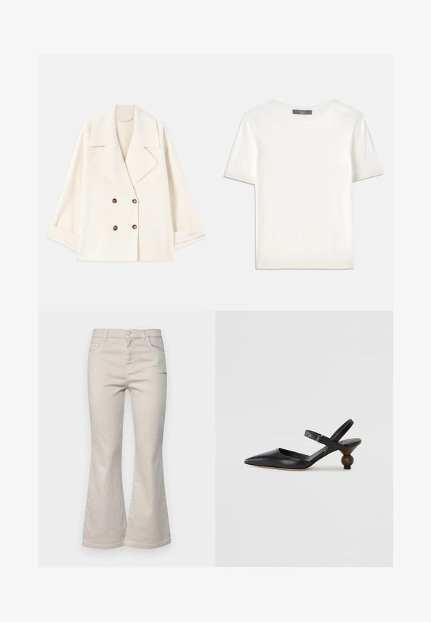 Palton scurt, de culoare crem, cu două rânduri de nasturi și rever larg, expus plat, cu mânecile ușor pliate.; Top tricotat alb cu mânecă scurtă, cu decolteu rotund, având o textură netedă și accente subtile cu nervuri la mâneci și la margine.; Jeans bej din bumbac evazați, cu cinci buzunare, închidere frontală cu buton și bucle pentru curea, având o textură netedă și un design drept.; Sandal din piele neagră cu vârf ascuțit, design curbat și toc rotund asemănător cu lemnul. Dispune de o curea îngustă la gleznă.