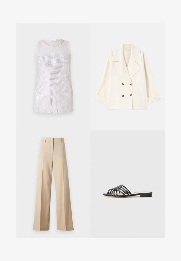 Cappotto doppiopetto corto color crema con ampi rever e bottoni marroni, esposto piatto con le maniche leggermente piegate.; Top senza maniche in grigio chiaro, con scollatura rotonda e un sottile bordo beige. Il tessuto ha una texture a rete con fori distanziati uniformemente.; Pantaloni beige a gamba larga realizzati in tessuto morbido, con fronte piatto e pieghe, zip e passanti per cintura. Vestibilità sartoriale complessiva.; Alexandre Birman LINDA TRESSE - Sandali - black