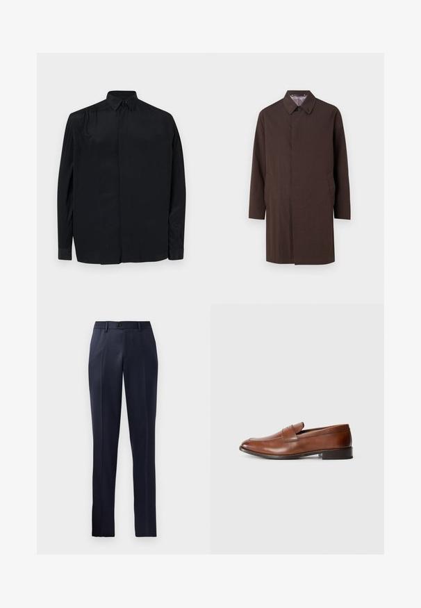 Paul Smith CASUAL FIT COAT - Trenčkot - dark brown; Čierna košeľa s dlhým rukávom vyrobená z hladkej látky, s klasickým golierom, zapínaním na gombíky a voľným strihom s manžetami na rukávoch.; Námornícky modré nohavice so strihom rovného nohavíc, elastickým pásom, plochým predným dielom a jedným gombíkom na zapínanie. Hladká textúra látky.; Hnedé kožené mokasíny s okrúhlou špičkou, minimálnym prešívaním a nízkym blokovým podpätkom. Obsahujú dekoratívny remienok naprieč hornou časťou.