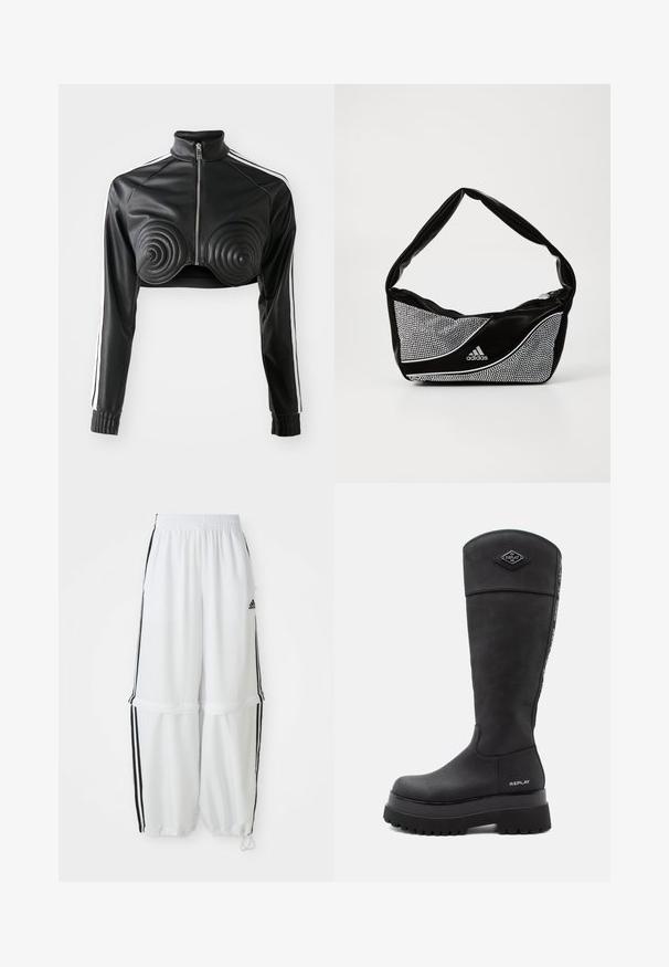 Svart kort jakke laget av imitert lær, med spiralformede polstrede detaljer på brystet, glidelås foran og hvite sideStriper på ermene.; Hvit crop topp laget av bomull med en jevn tekstur. Har smale stropper og en liten svart logo av "The North Face" på brystet.; Hvite treningsbukser med relaxed fit, elastisk midjebånd og svarte sidelister. Har glidelåslommer og elastiske mansjetter ved anklene.; Svart lærstøvel til kneet med tykk såle, "Replay"-logo nær hælen og på forsiden, samt en merket stripe som går nedover baksiden.; Svart og sølv adidas håndveske med en glatt tekstur, som har et skinnende nagle-mønster og en distinkt buet design.