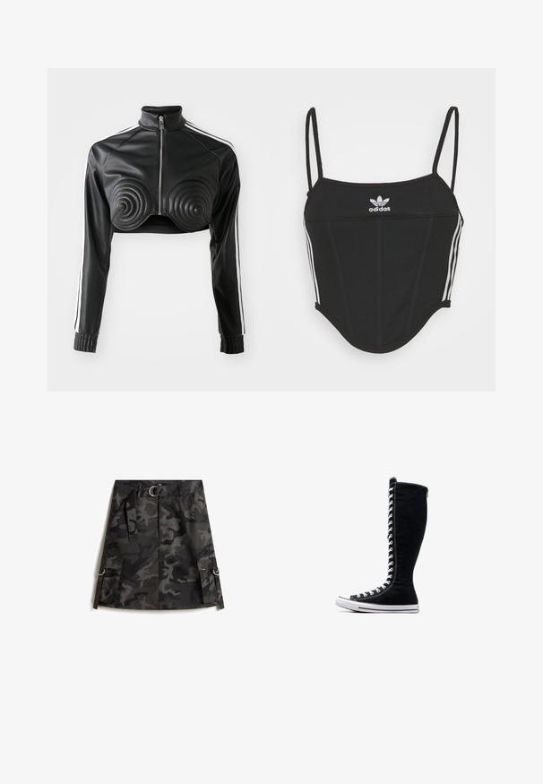 Zwarte cropped jas van nep leer, met spiraalvormige gewatteerde accenten op de buste, een ritssluiting aan de voorkant en witte zijstrepen op de mouwen.; Zwarte geribbelde crop top met verstelbare dunne bandjes, voorzien van drie witte strepen aan de zijkanten en een klein wit Adidas-logo in het midden.; Camo rok in donkergrijs en zwart, met een voorkleur rits, een riem met een zilveren gesp en twee cargozakken met ringen.; Zwarte hoge sneakers met een hoge ontwerp, gemaakt van canvas. Beschikken over witte veters, stiksels en een rubberen zool met een neuskap.