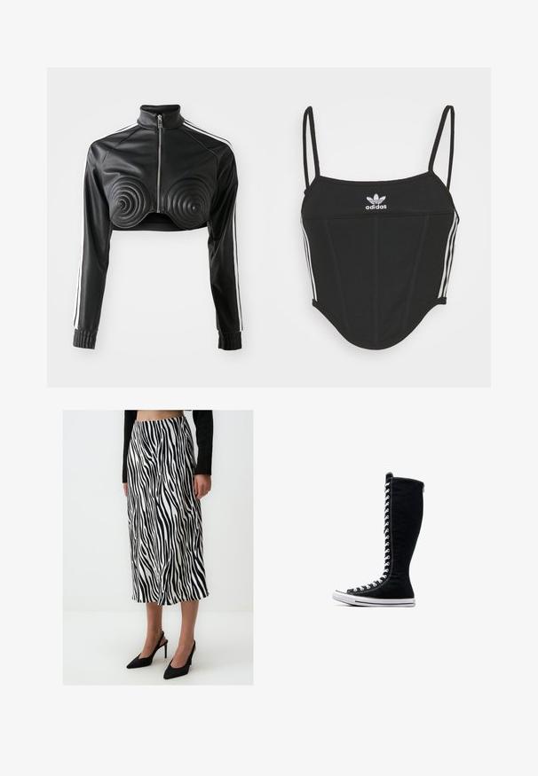 Schwarze, kürzere Jacke aus Kunstleder, mit spiralförmigen gepolsterten Akzenten auf der Brust, durchgehendem Reißverschluss und weißen Seitenstreifen an den Ärmeln.; Schwarzes, geripptes Crop Top mit verstellbaren dünnen Trägern, das drei weiße Streifen an den Seiten und ein kleines weißes Adidas-Logo in der Mitte aufweist.; Schwarz-weißer Rock mit Zebramuster, aus leichtem Stoff gefertigt, hat ein luftiges Design mit einer mittellangen Schnittform und wird kombiniert mit schwarzen spitz zulaufenden Pumps.; Schwarze High-Top-Sneaker mit hohem Design, aus Canvas. Sie verfügen über weiße Schnürsenkel, Nähte und eine Gummisohle mit einer Zehenkappe.