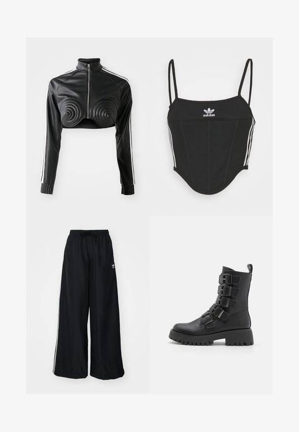 Melns īss žakets no mākslīgās ādas, ar spirāles formas polsterējumiem krūšu daļā, ar rāvējslēdzēju priekšpusē un baltām svītrām uz piedurknēm.; Melna ribota krūštura blūze ar regulējamām plānām siksnām, kurai sānos ir trīs baltas svītras un centrā neliela baltā Adidas logo.; Melni plataji svārki, kas izgatavoti no viegla auduma. Raksturīga elastīga josta ar auklu un baltām sānu svītrām. Zīmola logo uz gurniem.; Melnas ankle zoles no ādas, ar vairākiem metāla sprādzēm, biezu platformas zoli un cilpu aizmugurē.