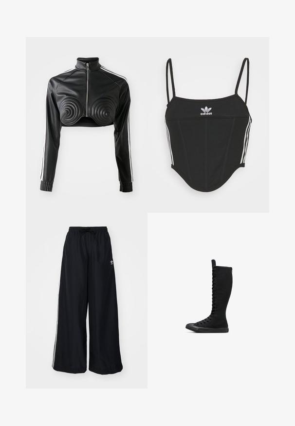 Giacca nera corta in ecopelle, con dettagli imbottiti a forma di spirale sul busto, chiusura con zip frontale e strisce bianche sui lati delle maniche.; Crop top nero a coste con spalline sottili e regolabili, caratterizzato da tre strisce bianche sui lati e un piccolo logo Adidas bianco al centro.; Pantaloni neri a gamba larga realizzati in tessuto leggero. Presentano una vita elastica con cordoncino e strisce bianche sui lati. Logo del marchio sull'anca.; Stivali alti in canvas neri con punta arrotondata, chiusura con zip e lacci frontali. Presentano una superficie testurizzata e una suola in gomma.