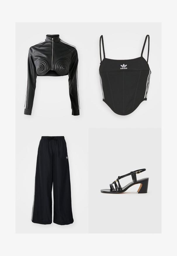 Czarna krótka kurtka z sztucznej skóry, z spiralnymi, pikowanymi akcentami na biuście, z przodu na zamek oraz białymi paseczkami po bokach rękawów.; Czarny prążkowany top krótki z regulowanymi cienkimi ramiączkami, z trzema białymi paskami po bokach i małym białym logo Adidas na środku.; Czarne spodnie typu wide-leg wykonane z lekkiego materiału. Posiadają elastyczny pas z troczkiem i białe paski po bokach. Logo marki na biodrze.; Paul Smith AMIRA czarny