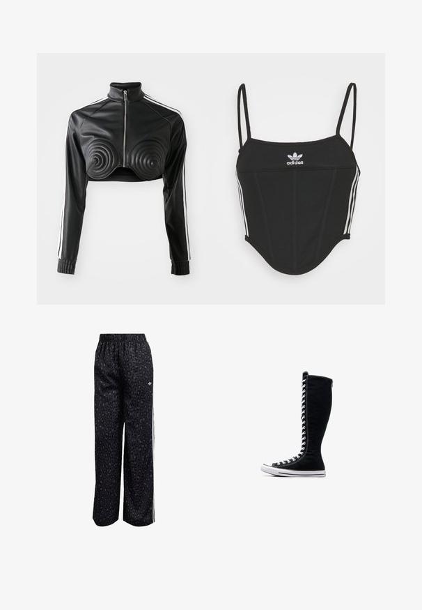 Zwarte cropped jas van nep leer, met spiraalvormige gewatteerde accenten op de buste, een ritssluiting aan de voorkant en witte zijstrepen op de mouwen.; Zwarte geribbelde crop top met verstelbare dunne bandjes, voorzien van drie witte strepen aan de zijkanten en een klein wit Adidas-logo in het midden.; Zwarte sportbroek met een luipaardprint, elastische tailleband en witte zijkanten. Gemaakt van gladde, lichte stof.; Zwarte hoge sneakers met een hoge ontwerp, gemaakt van canvas. Beschikken over witte veters, stiksels en een rubberen zool met een neuskap.