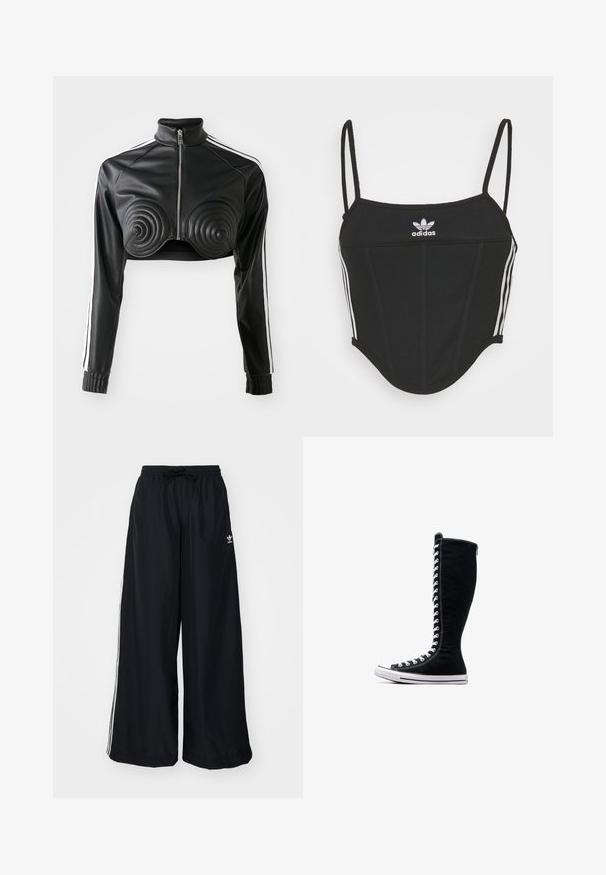 Melns īss žakets no mākslīgās ādas, ar spirāles formas polsterējumiem krūšu daļā, ar rāvējslēdzēju priekšpusē un baltām svītrām uz piedurknēm.; Melna ribota krūštura blūze ar regulējamām plānām siksnām, kurai sānos ir trīs baltas svītras un centrā neliela baltā Adidas logo.; Melni plataji svārki, kas izgatavoti no viegla auduma. Raksturīga elastīga josta ar auklu un baltām sānu svītrām. Zīmola logo uz gurniem.; Melni augstie sporta apavi ar augstu dizainu, izgatavoti no kanvas. Iezīmēti ar baltiem auklām, diegojumiem un gumijas zoli ar purngalu.