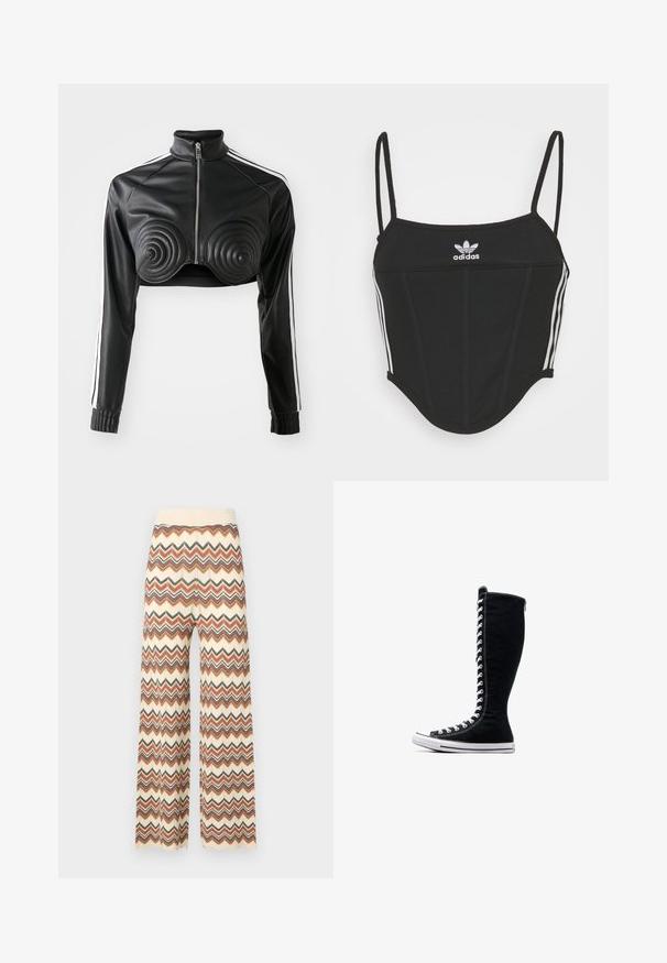 Črna skrajšana jakna iz umetnega usnja, z obrobnimi blazinicami v obliki spirale na prsi, zadrgo na sprednji strani in belimi stranskimi črtami na rokavih.; Črn rebrast top s kratkimi rokavi in nastavljivimi tankimi naramnicami, ki ima tri bele črte na straneh in majhen bel Adidasov logotip na sredini.; Malina DITTE PANTS - Hlače - multi-coloured; Črne visoke superge z visokim dizajnom, narejene iz platna. Imajo bele vezalke, šivanje in gumijast podplat z zaščito za prste.