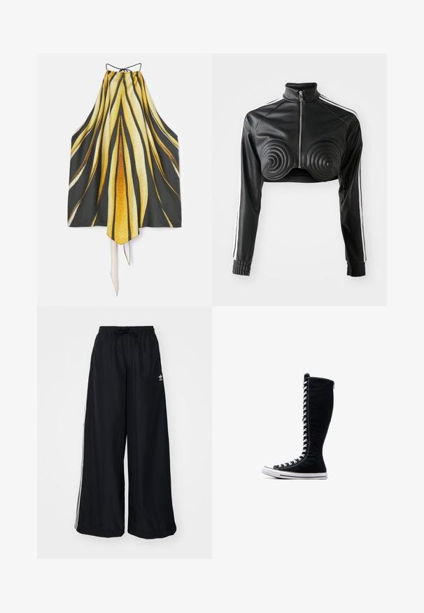 Chaqueta negra corta de cuero sintético, con detalles acolchados en forma de espiral en el busto, cierre frontal con cremallera y franjas blancas en los laterales de las mangas.; Roberto Cavalli Top - giallo; Pantalones anchos negros hechos de tejido ligero. Cuenta con una cintura elástica con cordón y rayas laterales blancas. Logo de la marca en la cadera.; Zapatillas altas negras de lona con un diseño alto. Cuentan con cordones y costuras blancas, y una suela de goma con una puntera.