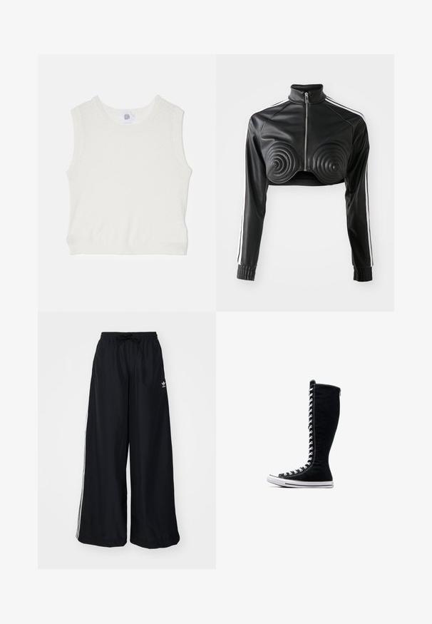 Černá zkrácená bunda vyrobená z umělé kůže, s polstrovanými akcenty ve tvaru spirály na prsou, předním zipem a bílými pruhy na bocích rukávů.; Bílý bezramínkový top s texturovaným pleteným vzorem, zaobleným výstřihem a žebrovaným lemem. Obsahuje malou značkovou etiketu uprostřed vzadu.; Černé kalhoty s širokým střihem vyrobené z lehkého materiálu. Mají elastický pas se stahovací šňůrkou a bílé postranní pruhy. Na bocích se nachází logo značky.; Černé vysoké tenisky s vysokým designem, vyrobené z plátna. Mají bílé šňůrky, švy a gumovou podrážku s ochranným krytem na špičce.