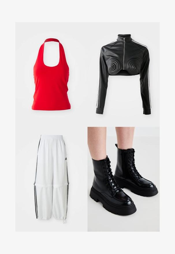 Must beeta mustärge lõigatud jakki, mis on valmistatud tehisnahast, sisaldades spiraalikujulisi polsterdatud aktsente rinnal, tõmblukuga esikülge ja valgeid külgtriibe varrukatel.; Punane halter-kaelusega tops, millel on lai ümmargune kaelus ja sobiv siluett, valmistatud siledast kangast. Ilma mustriteta või lisatarvikuteta.; Valged sportlikud püksid, mille lõige on vabalt langev, elastse vöökoha ja mustade külgribadega. Omavad lukuga taskuid ja elastseid mansette pahkluude juures.; Mustad mustad musta nahast ankle botased, plastne tald, kinni seotud esiosa ja külgrihm; iseloomustab sile viimistlus ja kõrgendatud varbakiht.