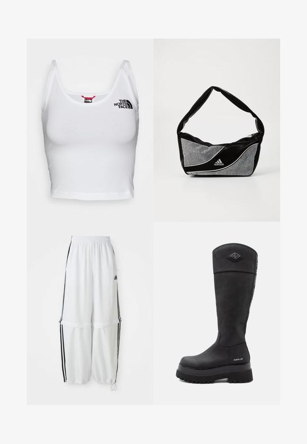 Čierna skrátená bunda z umelej kože s vystuženými akcentmi v tvare spirály na prsiach, predným zipsom a bielymi prúžkami po stranách na rukávoch.; Biely crop top vyrobený z bavlny s hladkou textúrou. Má úzke ramienka a malú čiernu značku "The North Face" na hrudi.; Biele športové nohavice so voľným strihom, elastickým pásom a čiernymi bočnými pruhmi. Obsahujú zipsové vrecká a elastické manžety na členkoch.; Čierna kožená čižma po kolená s hrubou podrážkou, logo "Replay" pri päte a na vrchnej prednej časti, a značkový pás bežiaci pozdĺž zadnej časti.; Čierna a strieborná taška adidas s hladkým povrchom, s lesklým nitovaným vzorom a výrazným zakriveným dizajnom.