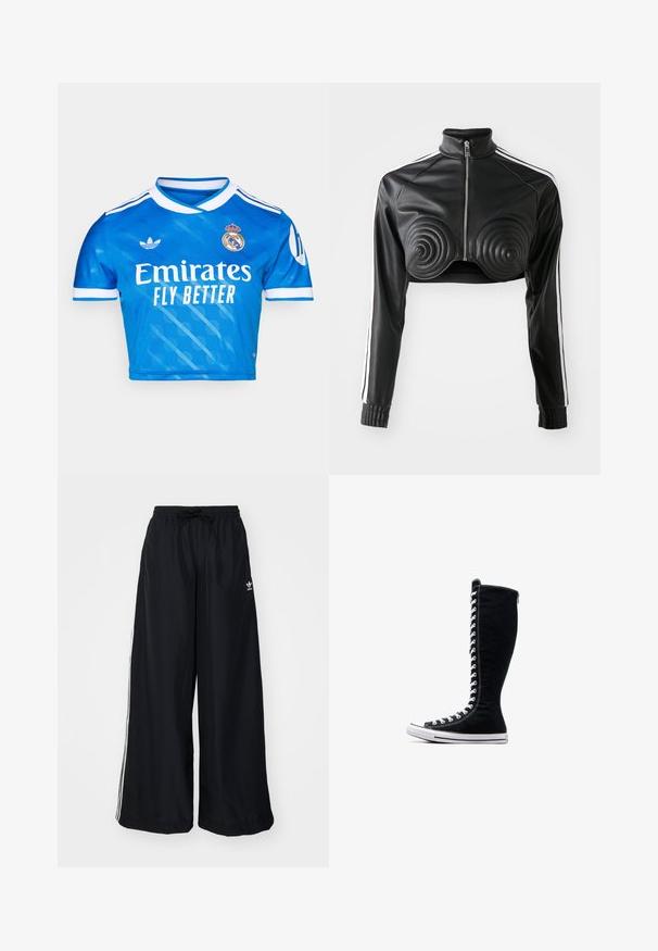 Giacca nera corta in ecopelle, con dettagli imbottiti a forma di spirale sul busto, chiusura con zip frontale e strisce bianche sui lati delle maniche.; adidas Originals REAL MADRID 25/26 THIRD CROPPED JERSEY - Squadra - bluebird; Pantaloni neri a gamba larga realizzati in tessuto leggero. Presentano una vita elastica con cordoncino e strisce bianche sui lati. Logo del marchio sull'anca.; Sneakers nere alte con un design slanciato, realizzate in tela. Presentano lacci bianchi, cuciture e una suola in gomma con punta rinforzata.