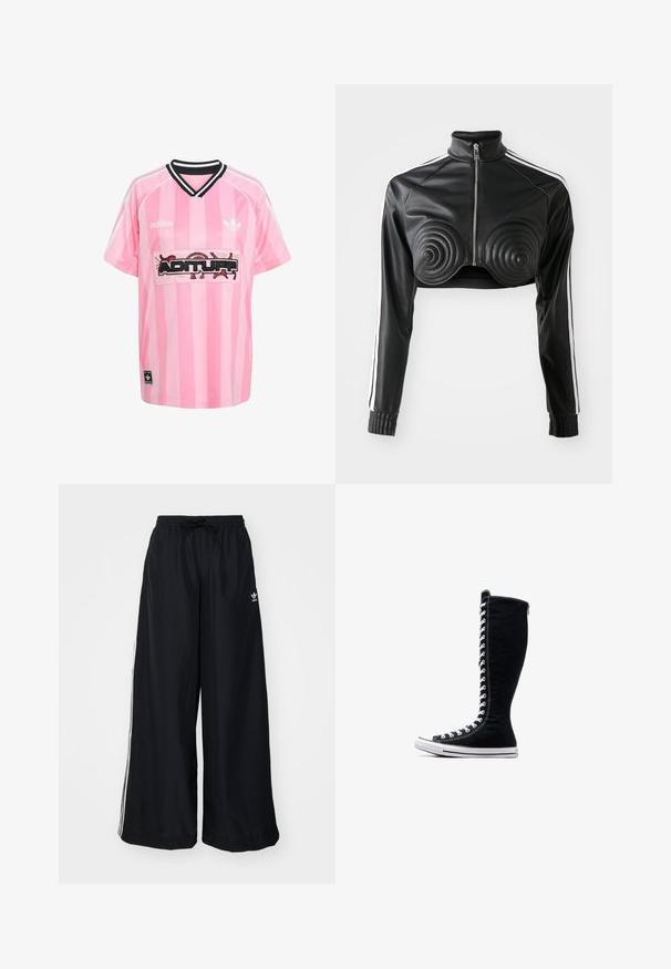 Svart kort jacka i konstläder med spiralformade vadderade detaljer på bysten, dragkedja framtill och vita sidostråk på ärmarna.; Rosa randig sporttröja med svart krage, med ordet "ADITURF" broderat i fet stil på en vit panel. Adidas-logotyp på ärmarna.; Svarta vida byxor i lättviktsmaterial. Har resårmidja med dragsko och vita sidostreck. Varumärkeslogotyp på höften.; Svarta högskaftade sneakers med en hög design, tillverkade av kanvas. Har vita snören, sömmar och en gummisula med en tåskydd.