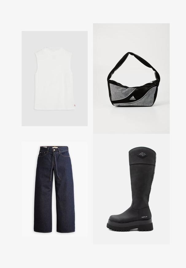 Sort cropped jakke lavet af kunstlæder, med spiralformede polstrede detaljer på brystet, lynlås foran og hvide sidestriber på ærmerne.; Hvid ærmeløs top med høj halsudskæring, lavet af blødt materiale, med en lige kant og et lille rødt logo mærke på siden.; Bredde ben mørkeblå denim jeans med høj talje, der har snoretræk, fem lommer og kontrastsyet detaljer.; Sort knæhøj læderstøvle med tyk sål, "Replay" logo nær hælen og på den øverste front, samt et mærket bånd, der løber ned langs bagsiden.; Sort og sølv adidas taske med en glat tekstur, prydet med et skinnende nittermønster og et karakteristisk buet design.