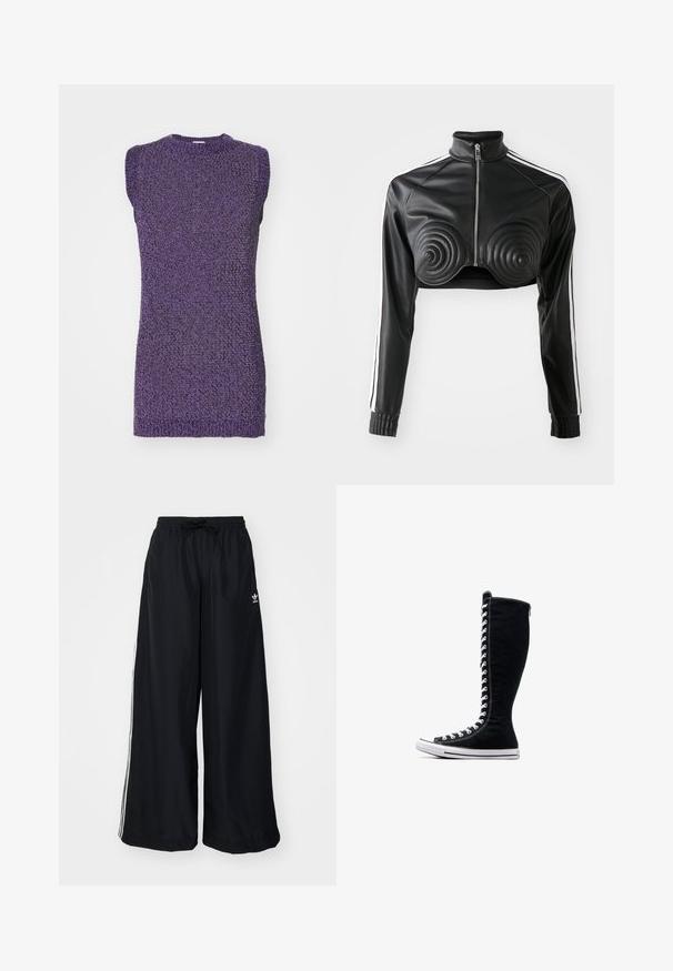 Chaqueta negra corta de cuero sintético, con detalles acolchados en forma de espiral en el busto, cierre frontal con cremallera y franjas blancas en los laterales de las mangas.; Suéter morado sin mangas con un patrón de punto texturizado y un escote redondeado. La tela parece suave y ligeramente elástica.; Pantalones anchos negros hechos de tejido ligero. Cuenta con una cintura elástica con cordón y rayas laterales blancas. Logo de la marca en la cadera.; Zapatillas altas negras de lona con un diseño alto. Cuentan con cordones y costuras blancas, y una suela de goma con una puntera.