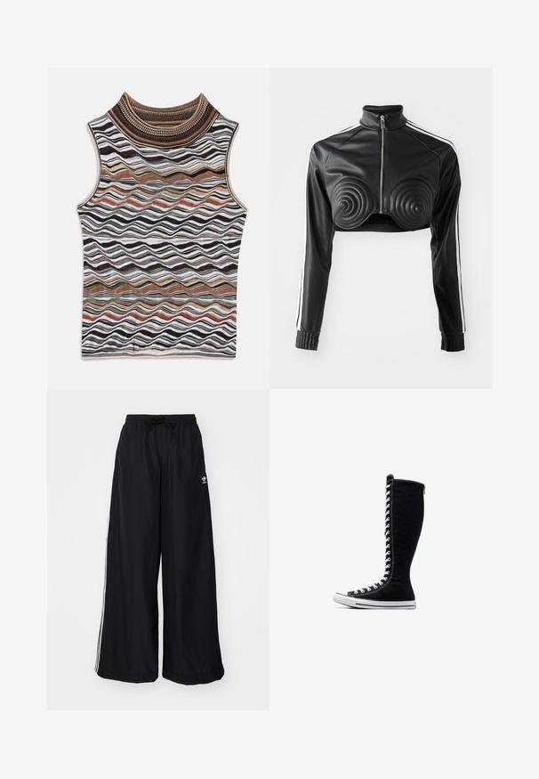 Mustat lyhyet nahkajaket, joissa on keinonahkaa, spiraalimaisia pehmusteita rinnan kohdalla, vetoketjuluukku ja valkoiset sivusuorat hihansuissa.; Hihaton paita korkean kaula-aukon kanssa, jossa on aaltoileva kuvio maanläheisissä ruskean, valkoisen ja mustan sävyissä, valmistettu pehmeästä, teksturoidusta neulekankaasta.; Mustat leveät housut, jotka on valmistettu kevyestä kankaasta. Varustettu joustavalla vyötärökaistalla, jossa on kiristysnauha, ja valkoisilla sivusuunnilla. Brändin logo lantiossa.; Musta korkeavartinen lenkkarit, joissa on korkea muotoilu, valmistettu kankaasta. Varustettu valkoisilla nauhoilla, ompeleilla ja kumipohjalla, jossa on varvaskuppi.