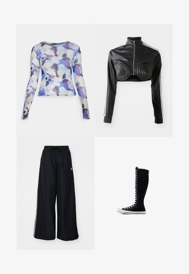 Black cropped jacket made of faux leather, featuring spiral-shaped padded accents on the bust, zip front, and white side stripes on sleeves.; Noisy May NMJUDITH BG - Long sleeved top - pearled ivory/petal; Black wide-leg pants made from lightweight fabric. Features an elastic waistband with drawstring and white side stripes. Brand logo on hip.; Black high-top sneakers with a tall design, made of canvas. Feature white laces, stitching, and a rubber sole with a toe cap.