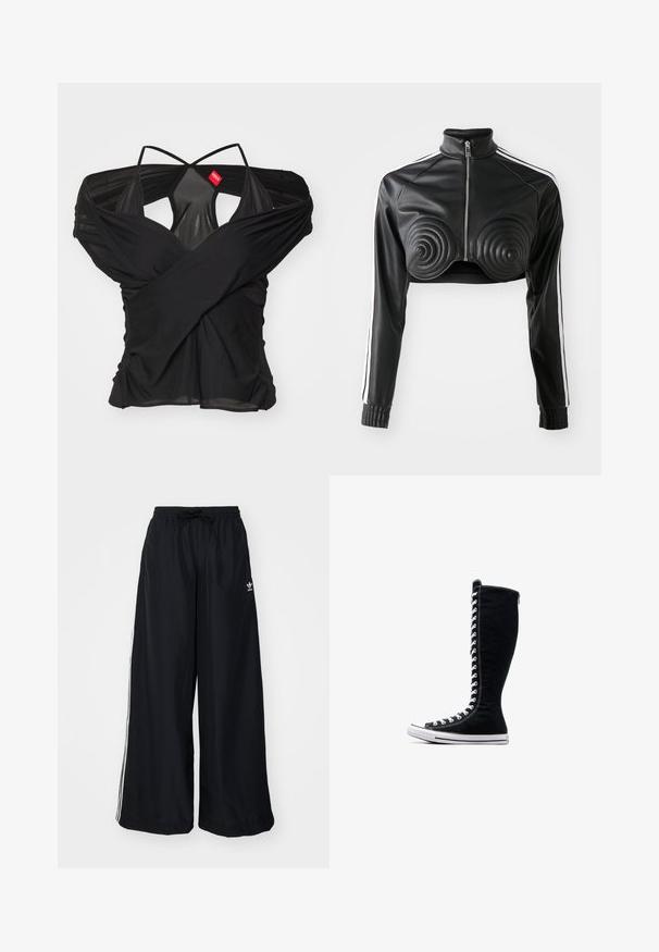 Czarna krótka kurtka z sztucznej skóry, z spiralnymi, pikowanymi akcentami na biuście, z przodu na zamek oraz białymi paseczkami po bokach rękawów.; 032c - T-shirt z nadrukiem; Czarne spodnie typu wide-leg wykonane z lekkiego materiału. Posiadają elastyczny pas z troczkiem i białe paski po bokach. Logo marki na biodrze.; Czarne wysokie trampki o wysokim designie, wykonane z płótna. Posiadają białe sznurowadła, przeszycia oraz gumową podeszwę z osłoną na palce.
