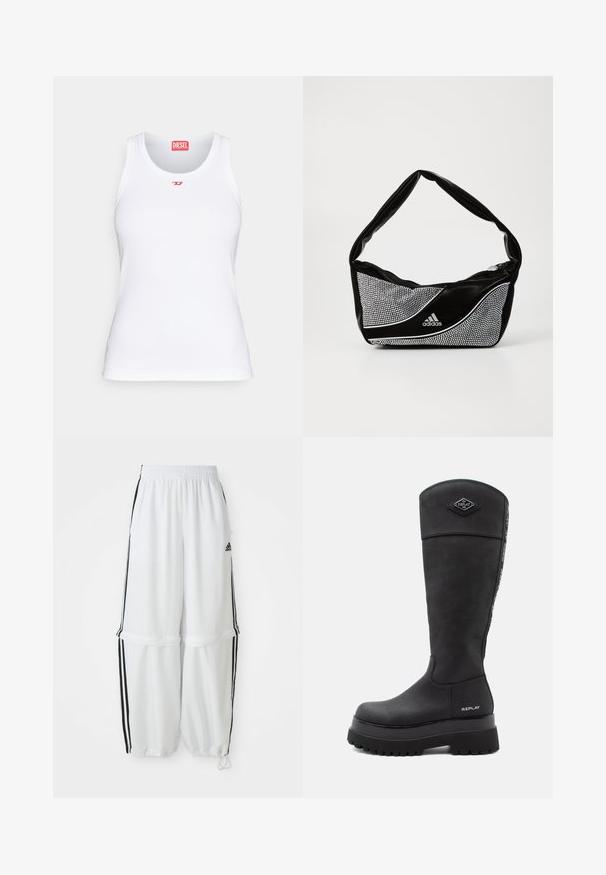 Chaqueta negra corta de cuero sintético, con detalles acolchados en forma de espiral en el busto, cierre frontal con cremallera y franjas blancas en los laterales de las mangas.; Camiseta sin mangas blanca de algodón, con un escote redondeado, corte ajustado y un pequeño logo rojo de Diesel en el pecho. Textura suave.; Pantalones deportivos blancos con un ajuste relajado, cinturilla elástica y franjas laterales negras. Presenta bolsillos con cremallera y puños elásticos en los tobillos.; Bota de cuero negra hasta la rodilla con suela gruesa, logo "Replay" cerca del talón y en la parte frontal superior, y tira etiquetada que recorre la parte trasera.; Bolso adidas negro y plateado con una textura suave, que presenta un patrón de tachuelas brillantes y un diseño curvado distintivo.