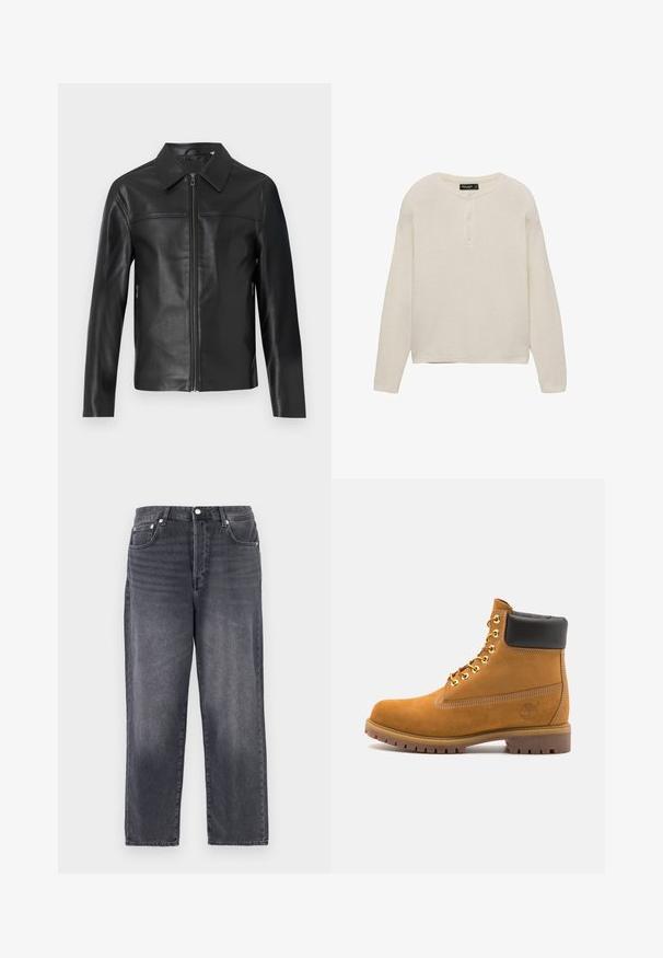 Jachetă neagră din piele cu mâneci lungi, închidere cu fermoar frontal și guler ascuțit, expusă pe un fundal alb.; Pulover cu mânecă lungă și guler rotund, de culoare bej deschis, având un decolteu cu trei nasturi, manșete cu nervuri și tiv drept, fabricat dintr-un material moale și texturat.; Jeans din denim gri închis, cu un design drept, cinci buzunare și detalii din metal. Țesătura are o textură subtilă și accente decolorate.; Cizmă de gleznă din întoarsă de culoare bej, cu guler negru căptușit, ochiuri din metal auriu, detalii de cusătură albă și talpă din cauciuc robustă, cu un model pronunțat.