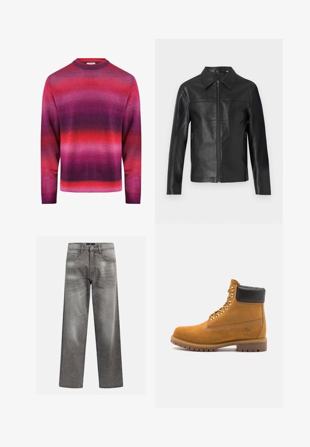 Black leather jacket with long sleeves, front zipper closure, and pointed collar, displayed against a white background.; Redefined Rebel NELSON REGULAR FIT - Jumper - magenta purple; Gray denim jeans with a loose fit, featuring whiskering and fading details, a classic five-pocket design, and a button closure.; Tan suede ankle boot with black padded collar, gold metal eyelets, white stitching detailing, and rugged rubber sole with pronounced treads.