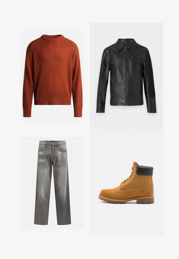 Veste en cuir noir avec des manches longues, fermeture éclair à l'avant et col pointu, présentée sur un fond blanc.; Pull en maille côtelée de couleur orange brûlé avec un col rond et des manches longues. Texture douce, coupe décontractée et détail d'élasticité subtil.; Jean en denim gris avec une coupe ample, présentant des détails d'effritement et de décoloration, un design classique à cinq poches et une fermeture par bouton.; Bottine en daim beige avec un col rembourré noir, œillets en métal doré, détails de surpiqûres blanches et semelle en caoutchouc robuste avec des crampons prononcés.