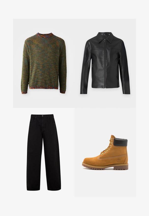 Fekete bőrdzseki hosszú ujjakkal, elöl cipzáros záródással és hegyes gallérral, fehér háttér előtt bemutatva.; Sötétzöld kötött pulóver texturált mintával, színes foltokkal és bordázott nyakkal, valamint mandzsettákkal.; Fekete, bővített szárú farmernadrág, elülső zsebekkel, gombos záródással és tiszta, minimalista dizájnnal, látható minták nélkül.; Barna velúr bokacipő fekete párnázott gallérral, arany fém fűzőlyukakkal, fehér varrási részletekkel és durva gumitalppal, amelynek kifejezett barázdái vannak.