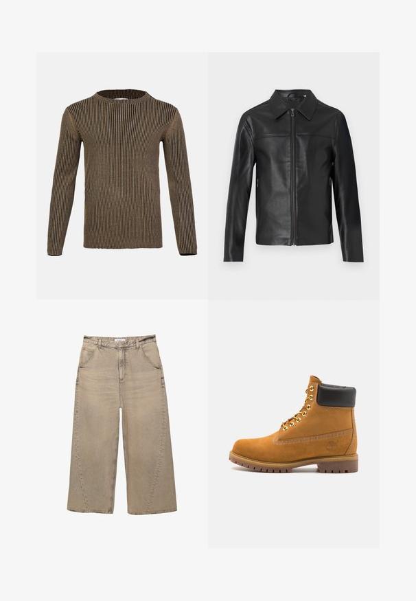 Veste en cuir noir avec des manches longues, fermeture éclair à l'avant et col pointu, présentée sur un fond blanc.; Pull à manches longues rayé marron et noir avec un col rond, texture côtelée et ourlet droit. Fabriqué en matériau tricoté doux.; PULL&BEAR MEGA BAGGY - Jean baggy - light grey; Bottine en daim beige avec un col rembourré noir, œillets en métal doré, détails de surpiqûres blanches et semelle en caoutchouc robuste avec des crampons prononcés.