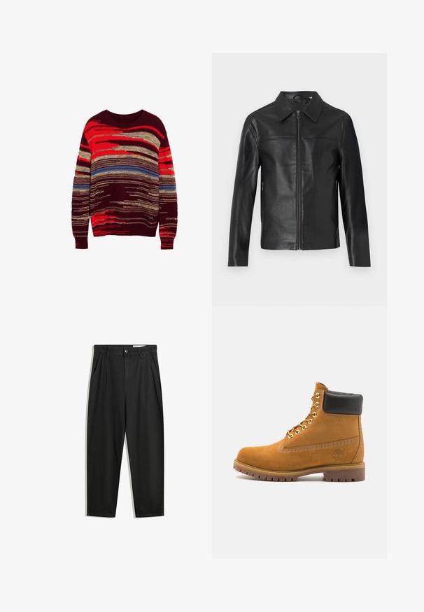 Musta nahkatakki, jossa on pitkät hihat, vetoketjukiinnitys edessä ja terävä kaulus, esillä valkoista taustaa vasten.; Neulepaita, jossa on pyöreä pääntie, ja siinä on sekoitus punaisia, kultaisia, sinisiä ja burgundin värisiä vaakaraitoja eri leveydellä ja tekstuureilla.; Mustat puuvillahousut rentoa mallia, joissa on klassinen vyötärö, etukangastukset ja sivutaskut. Sileä pinta ilman kuvioita.; Valkoinen nahkainen nilkkuri mustalla pehmustetulla kauluksella, kultaisilla metallisilla rei'illä, valkoisella ompeluksella ja jykevällä kumipohjalla, jossa on selvästi näkyvät urat.