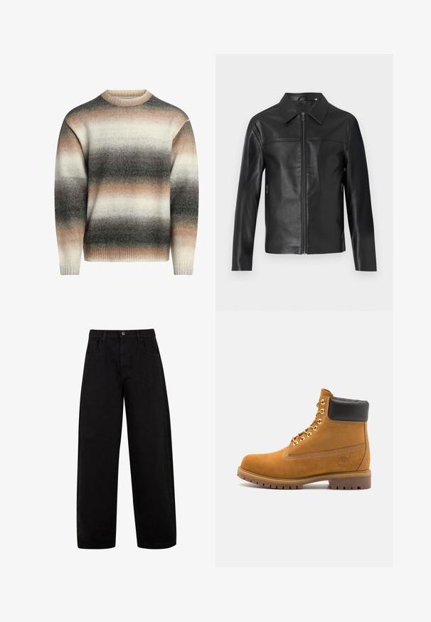 Jachetă neagră din piele cu mâneci lungi, închidere cu fermoar frontal și guler ascuțit, expusă pe un fundal alb.; Pulover tricotat cu guler rotund, manșete rib și un model gradient în nuanțe de crem, bej și gri. Textură moale și croială lejeră.; Blugi negri, cu croi larg, din denim, cu buzunare frontale, închidere cu buton și un design curat, minimalist, fără modele vizibile.; Cizmă de gleznă din întoarsă de culoare bej, cu guler negru căptușit, ochiuri din metal auriu, detalii de cusătură albă și talpă din cauciuc robustă, cu un model pronunțat.