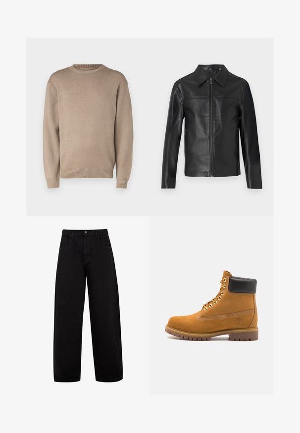 Crna kožna jakna s dugim rukavima, prednjim patentnim zatvaračem i šiljastim okovratnikom, prikazana na bijeloj pozadini.; Bežani pleteni pulover s okruglim izrezom, dugim rukavima i rebrastim rubovima; glatka tekstura s uniformnim uzorkom.; Crne široke traperice, izrađene od denima, s prednjim džepovima, zatvaranjem na gumb i čistim, minimalističkim dizajnom bez vidljivih uzoraka.; Antracitne antilop čizme do gležnjeva s crnim podstavljenim ovratnikom, zlatnim metalnim rupicama, bijelim šavovima i robusnom gumenom potplatom s izraženim šarama.