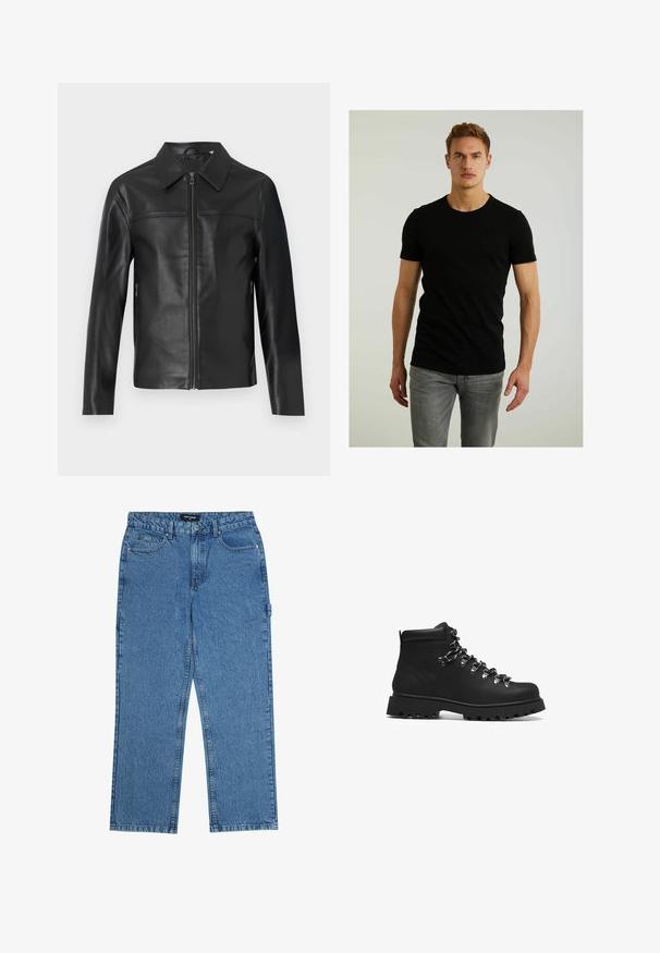 Svart läderjacka med långa ärmar, framfickor med dragkedja och spetsig krage, visad mot en vit bakgrund.; Svart kortärmad t-shirt i bomull, med rund hals och en liten, präglad fyrkantig logga på vänster bröst. Bärs med ljusgrå jeans.; Blå denimjeans med rak benkant, som har fem fickor, knappstängning och bälteslås. Tyget har en texturerad yta.; Svarta lädervandringskängor med en robust gummisula, metall snörningshakar och design med höga anklar för stöd och hållbarhet.