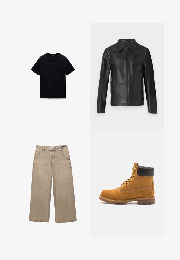 Musta nahkatakki, jossa on pitkät hihat, vetoketjukiinnitys edessä ja terävä kaulus, esillä valkoista taustaa vasten.; Musta puuvillainen t-paita pyöreällä kaula-aukolla, lyhyillä hihoilla ja pienellä logolla rinnassa. Pehmeä materiaali ja rento istuvuus.; PULL&BEAR MEGA BAGGY - Baggy-farkut - light grey; Valkoinen nahkainen nilkkuri mustalla pehmustetulla kauluksella, kultaisilla metallisilla rei'illä, valkoisella ompeluksella ja jykevällä kumipohjalla, jossa on selvästi näkyvät urat.