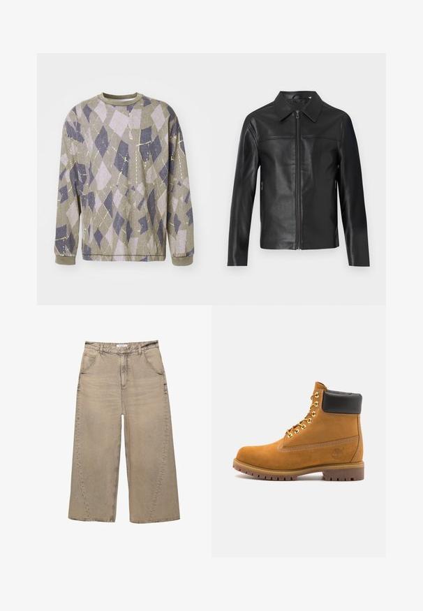 Czarna skórzana kurtka z długimi rękawami, zamek błyskawiczny z przodu i spiczasty kołnierz, wyeksponowana na białym tle.; Długi rękaw sweatshirt z teksturowanej szarej tkaniny z geometrycznym wzorem rombów w jasnofioletowym i granatowym kolorze oraz metalicznymi żółtymi akcentami.; PULL&BEAR - Jeansy baggy; Beżowe zamszowe botki sięgające kostki z czarną wyściełaną krawędzią, złotymi oczkami, białymi detalami szycia oraz wytrzymałą gumową podeszwą z wyraźnym bieżnikiem.