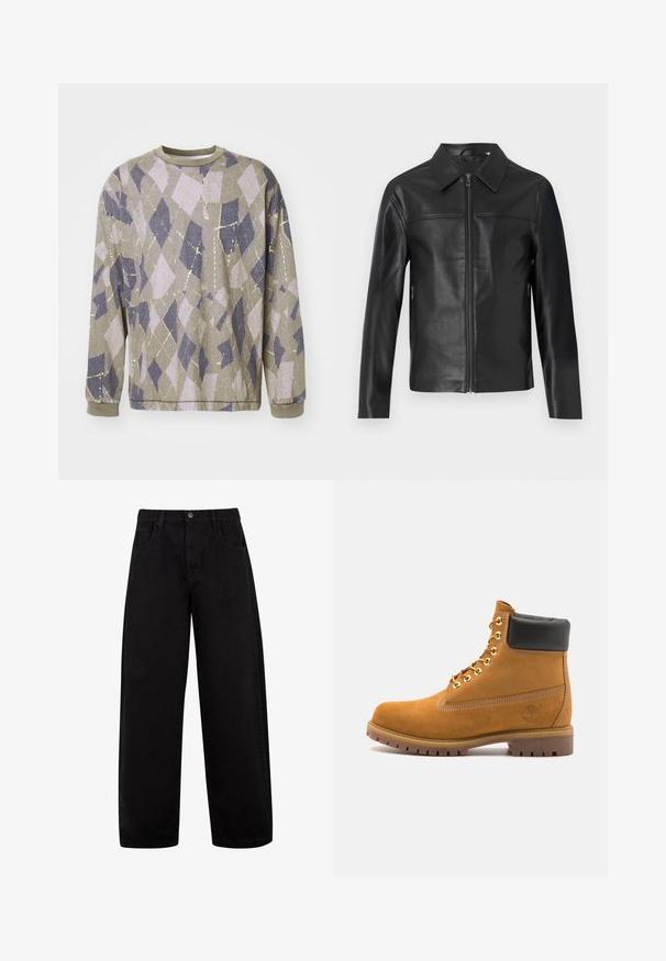 Zwarte leren jas met lange mouwen, ritssluiting aan de voorkant en puntige kraag, weergegeven tegen een witte achtergrond.; Langmouwtrui van een gestructureerde grijze stof met een geometrisch ruitpatroon in lichtpaars en marineblauw met metallic gele accenten.; Zwarte wijde jeans van denim, met voorzakken, een knoopsluiting en een strak, minimalistisch ontwerp zonder zichtbare patronen.; Tan suède enkelboot met zwart gevoerd kraagje, gouden metalen oogjes, witte stikdetails en een robuuste rubberen zool met uitgesproken profiel.