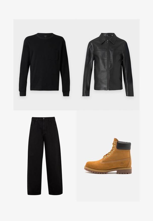 Black leather jacket with long sleeves, front zipper closure, and pointed collar, displayed against a white background.; Black long-sleeve t-shirt made of soft cotton, featuring a crew neck, ribbed cuffs, and a small chest pocket. Minimalist design.; Black wide-leg jeans made of denim, featuring front pockets, a button closure, and a clean, minimal design without visible patterns.; Tan suede ankle boot with black padded collar, gold metal eyelets, white stitching detailing, and rugged rubber sole with pronounced treads.