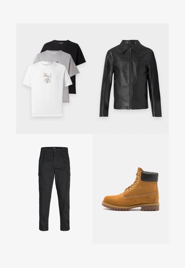 Čierna kožená bunda s dlhými rukávmi, predným zipsovým zapínaním a špicatým golierom, vystavená proti bielemu pozadiu.; Tričko v bielej, šedej a čiernej farbe. Krátke rukávy, okrúhle výstrihy. Biely tričko má jemný grafický návrh lebiek. Materiál: bavlna.; Čierne cargo nohavice z odolnej látky, s viacerými vreckami, gombíkovým zapínaním a úzkym strihom so zúženými nohavicami.; Tyrkysové semišové členkové topánky s čiernym polstrovaným golierom, zlatými kovovými očkami, bielym prešívaním a robustnou gumovou podrážkou s výraznými drážkami.