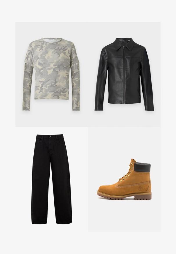 Black leather jacket with long sleeves, front zipper closure, and pointed collar, displayed against a white background.; Gray camouflage sweatshirt with long sleeves, round neck, and slight drop shoulder design. Made from soft fabric with a smooth texture.; Black wide-leg jeans made of denim, featuring front pockets, a button closure, and a clean, minimal design without visible patterns.; Tan suede ankle boot with black padded collar, gold metal eyelets, white stitching detailing, and rugged rubber sole with pronounced treads.