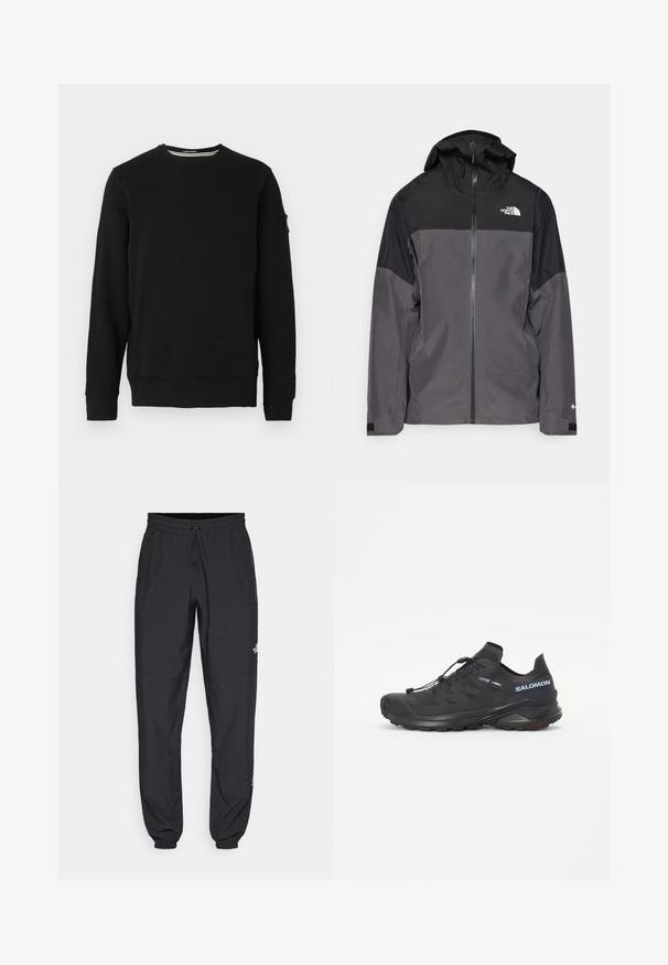 Giacca impermeabile grigia con sezione superiore nera, zip frontale, cappuccio regolabile e polsini elasticizzati. Presenta il logo sul petto e sulla manica.; Felpa nera con collo a giro e maniche lunghe, polsini e orlo a costine. Tessuto morbido con etichetta sulla manica sinistra e design minimale.; Pantaloni sportivi neri realizzati in tessuto leggero, con vita regolabile con cordino, tasche laterali e orli affusolati alle caviglie.; Scarpa da trail running nera con tomaia strutturata, lacci elastici e suola Contagrip. Offre una vestibilità aderente e una protezione per le dita.